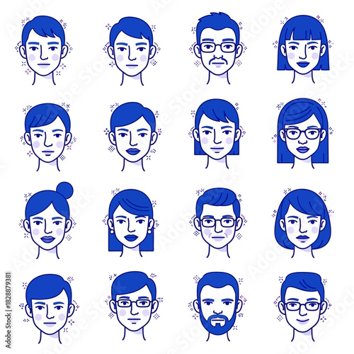 Diverse collection of stylized human faces showcasing various expressions and features.