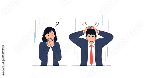 Two business professionals face overwhelming stress and confusion, depicted with worried expressions and gestures of frustration and shock.