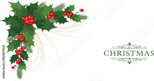 Festive Christmas corner design with holly and berries