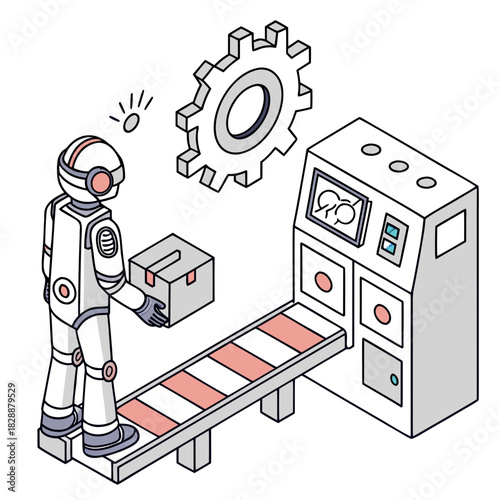 Isometric illustration of a robot working in a factory