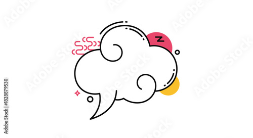 An abstract illustration featuring a cloud-shaped thought bubble with sleep symbols like a 'Z' and wavy lines, indicating rest or dreaming.