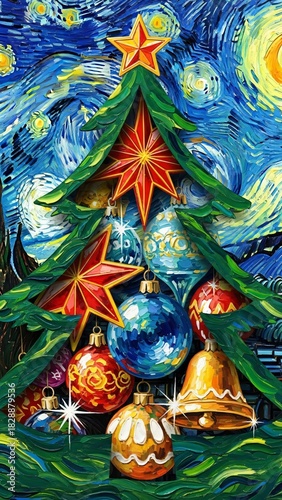 Christmas tree with textured starry background