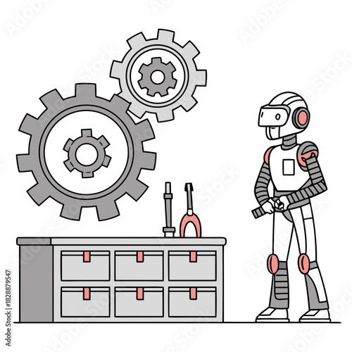 Robot technician in virtual reality headset working on gears