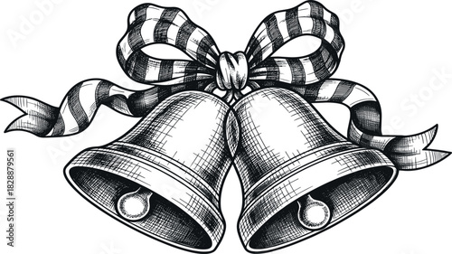 Vintage hand-drawn illustration of two ornate bells adorned with a festive ribbon, evoking a sense of celebration and tradition