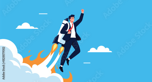 A successful businessman with a jetpack soars through the sky, representing rapid career advancement, startup growth, and ambitious goals.