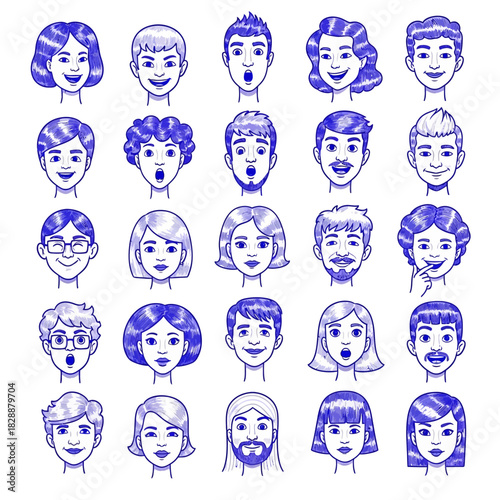 Collection of hand drawn faces representing diverse individuals and expressions.