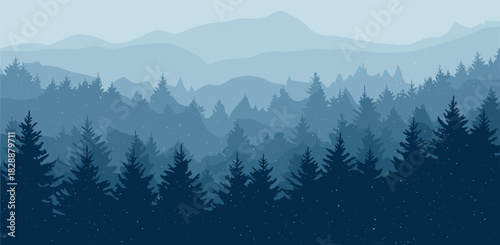 Serene Forest Silhouette A Tranquil Blue Landscape of Trees and Mountains in the Wilderness