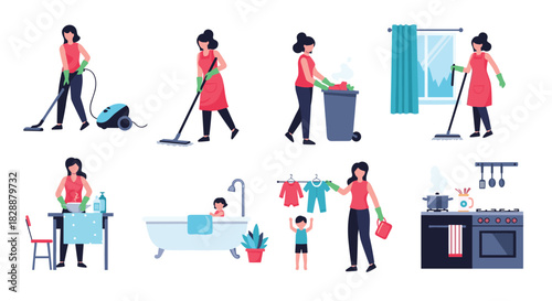 A collection of illustrations depicting a woman performing various household chores, such as cleaning, cooking, laundry, and caring for a child.