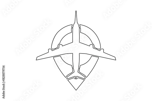 Minimalist line art airplane symbol integrated with navigation emblem illustration