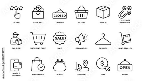 Shopping line editable icon set. Containing cart, shop, delivery, e-commerce, buy, product, customer, online shopping and more. Editable stroke. vector eps file