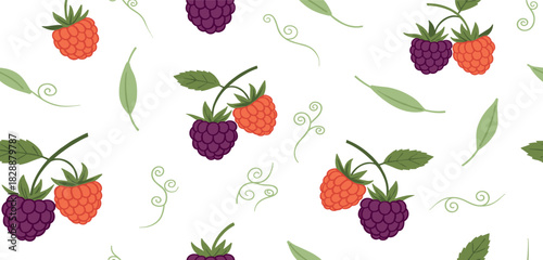 Fresh berry pattern featuring blackberries, raspberries, foliage, and swirling accents on a white background