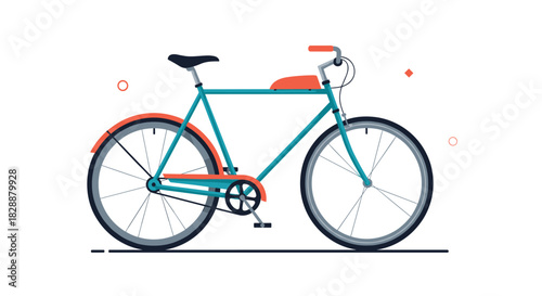 A minimalist flat design illustration of a teal bicycle with orange fenders and accents, symbolizing sustainable urban mobility and healthy lifestyle.