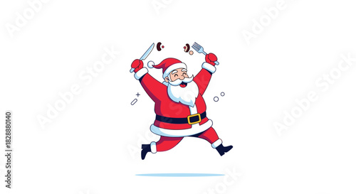 Joyful Santa Claus cartoon character eagerly runs with silverware, excited for Christmas dinner or festive food.