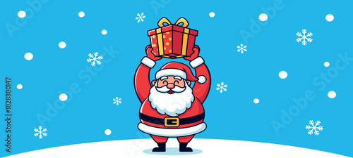 Cheerful Santa Claus holding up a Festive Christmas Gift on a Snowy Winter Day