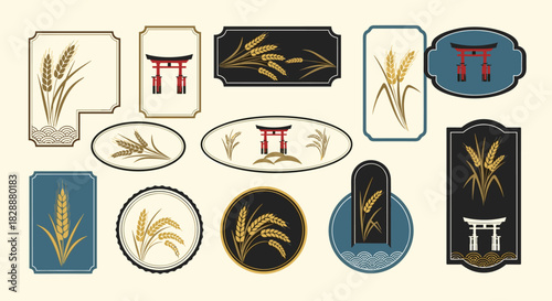 Set of traditional Japanese-style labels and emblems featuring golden wheat or rice stalks and iconic Torii gates.