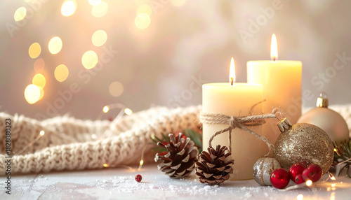 キャンドルの灯りが柔らかく滲む温かなクリスマスボケ背景
– Warm Christmas Bokeh Background with Soft Candlelight Glow