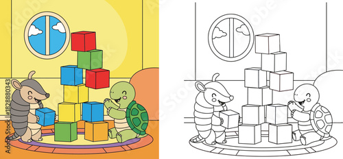 Cute cartoon armadillo and turtle playing with colorful toy blocks vector illustration. Adorable animal friends building a tower together in a nursery room.