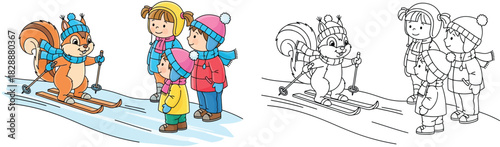 Cute Squirrel Skiing with Winter Clothed Children Cartoon Illustration, Kids Activity Art and Coloring Page Design