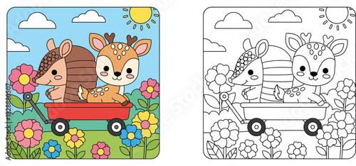Cute cartoon armadillo and deer sitting in red wagon with flowers vector illustration. Adorable animal friends riding toy cart in garden nature with sun and clouds.