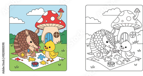Cute cartoon armadillo and yellow chick painting with colorful paints on paper vector illustration. Adorable animal friends playing art in front of fantasy mushroom house.