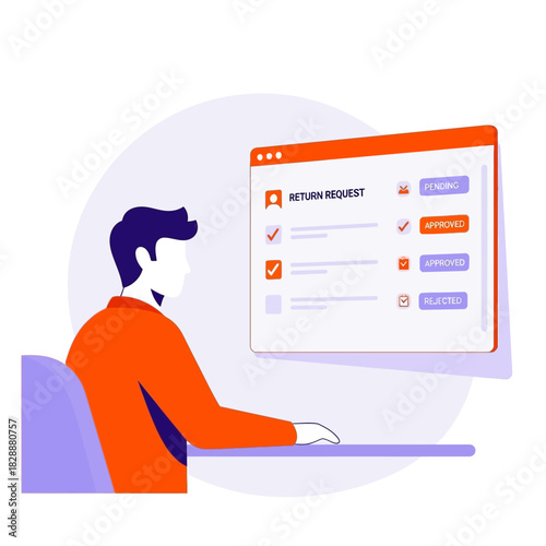 Man sitting at a desk filling out an online return request form.