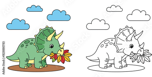 Cute cartoon triceratops dinosaur eating autumn leaves vector illustration. Adorable green prehistoric animal character mascot design for kids with blue sky and clouds.