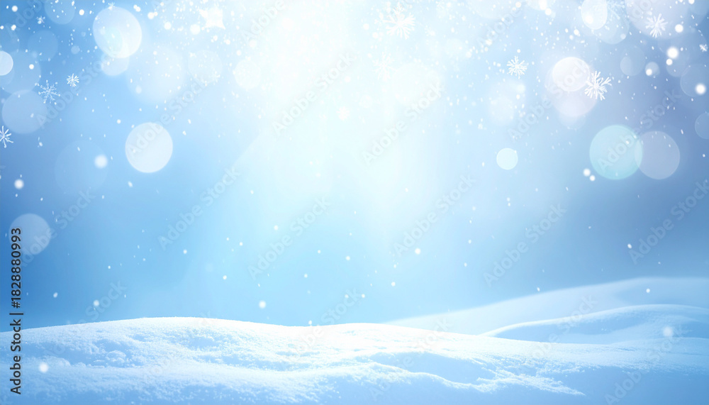 Naklejka premium 淡い雪が舞うキラキラ輝くクールブルーの幻想的ウィンター背景 – Dreamy Winter Background with Soft Snowfall Bokeh on a Cool Blue Gradient
