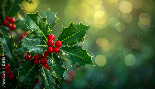 ヒイラギの葉と赤い実がやわらかく滲む緑のクリスマス背景
– Softly Blurred Holly Leaves and Red Berries on a Green Holiday Background