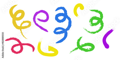 Collection colorful bold curved lines with loops isolated on white. Hand drawn bold grunge wavy and swirled brush strokes. Simple childish vector scribbles and squiggles. Creative trendy style design.