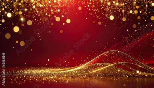 深紅に黄金の光が揺らめくラグジュアリーなクリスマス背景
– Luxury Christmas Background with Golden Shimmering Lights over Deep Red