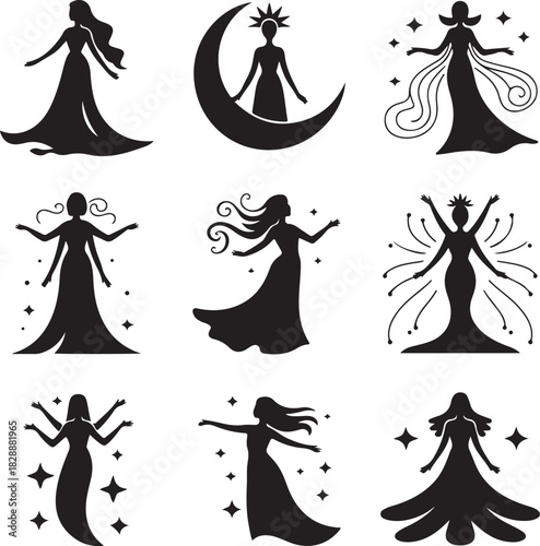 Collection of woman silhouette fantasy figures and celestial bodies art design