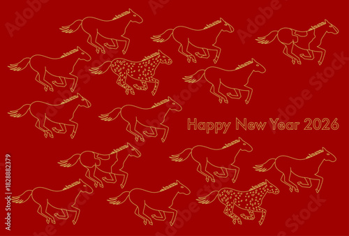 2026年午年の年賀状(赤背景に金色線画の走る馬たち)