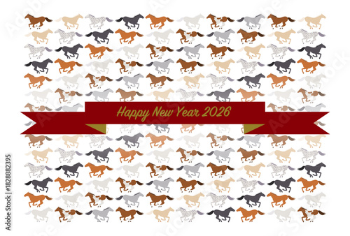 2026年午年の年賀状(色々な品種の走る馬模様)