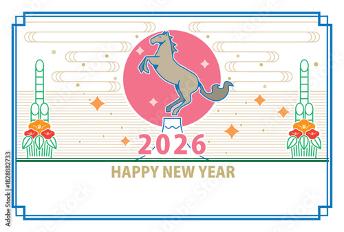 落ち着いた配色の馬と新春飾りを描いた和風イラスト（富士山入り）