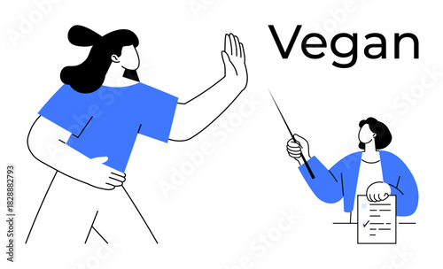 Woman gestures refusal with hand, man holding paper points towards vegan. Ideal for healthy lifestyle, choices, awareness, nutrition, ethics, education and minimalism. Simple flat metaphor
