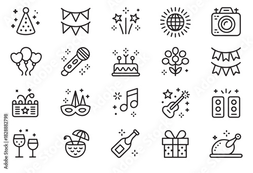 Party Celebration Icons Set – Vector Illustration of Birthday, Music, and Festive Elements