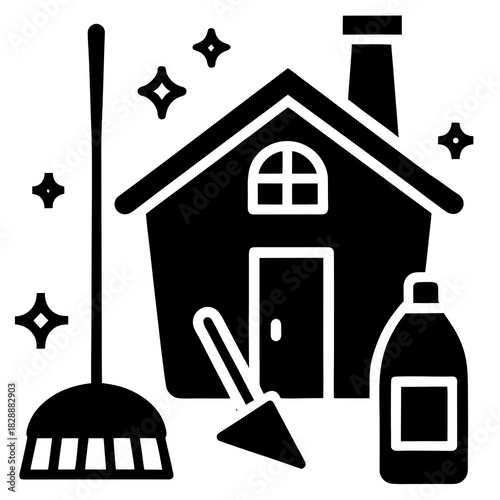 Home cleaning icon with broom dustpan cleaning liquid and sparkling stars