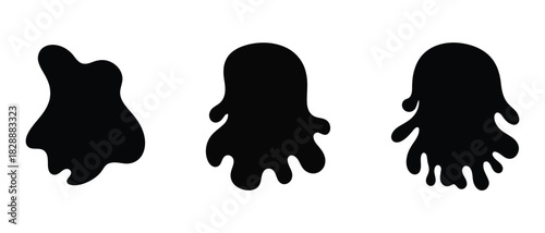 Three abstract black amorphous shapes with dripping liquid effect on white background