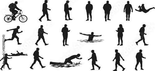 Human silhouettes collection, walking running cycling swimming crawling jumping poses, family figures, fitness exercise motion, lifestyle activity vector illustration designHuman silhouettes  