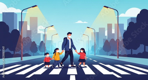 Heartwarming scene of father with children safely crossing city street in masks, embodying family values and public health awareness in vibrant style