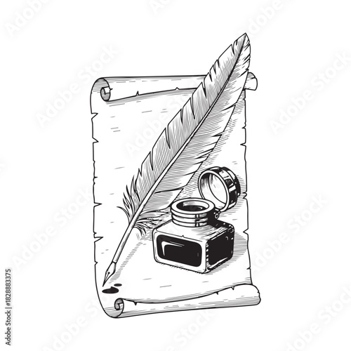 engraving vintage quill inkwell on parchment vector art illustration, old vintage quill design.	
