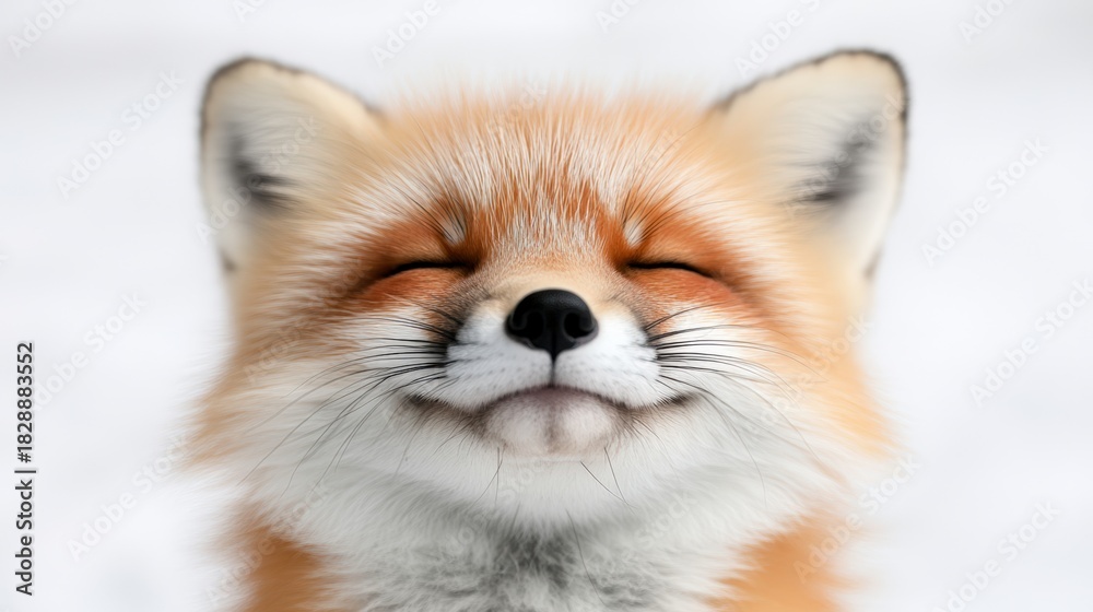 Naklejka premium A close-up of a smiling fox in a snowy background showcases its playful and cheerful demeanor, This captivating image can be used in nature blogs, wildlife conservation campaigns, or children's books