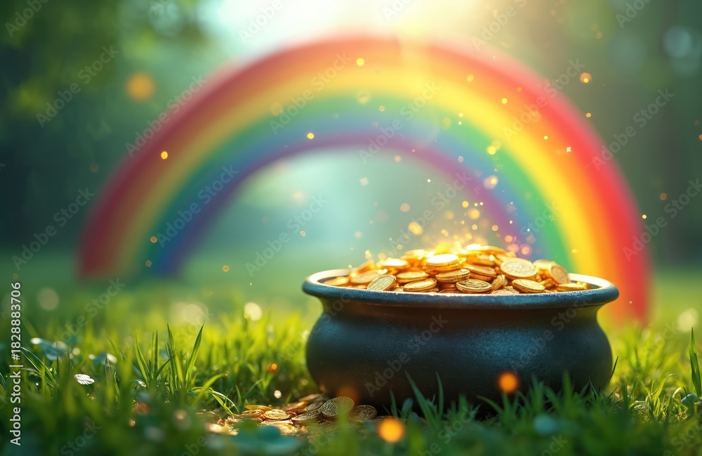 Naklejka premium Pot with gold coins on grass field near rainbow. Concept of fortune luck wealth, prosperity. Symbolic Irish St Patricks day design fairytale background for greeting holiday poster banner. Copy space.