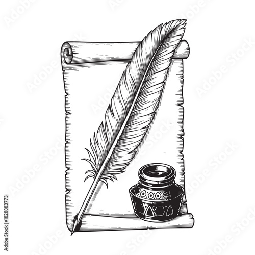 engraving vintage quill inkwell on parchment vector art illustration, old vintage quill design.	
