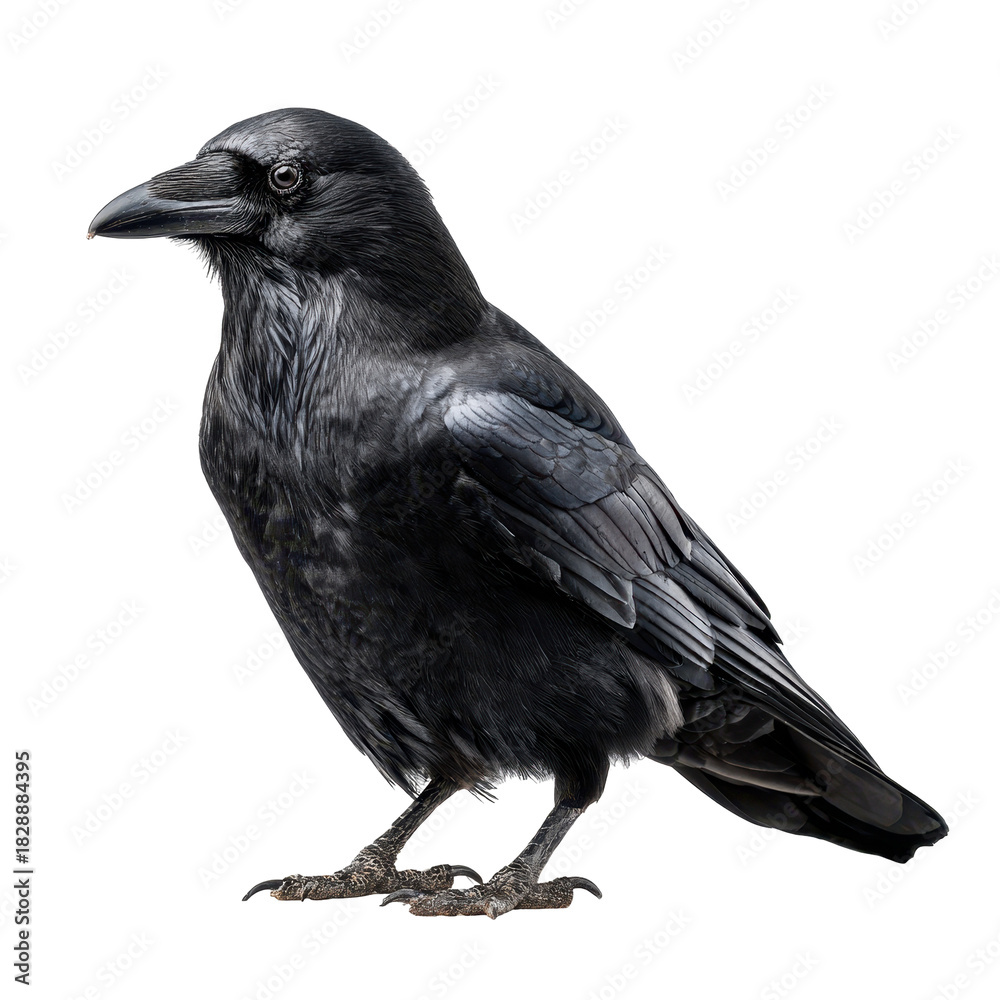 Fototapeta premium Black raven standing on a surface, showcasing feathers and shiny eyes in a neutral setting during daylight hours