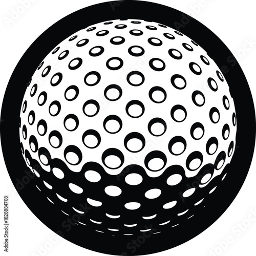 Black and white vector icon of a golf ball with dimples in a circular frame, featuring high contrast and a unique negative space pattern, perfect for sports branding and logo design.