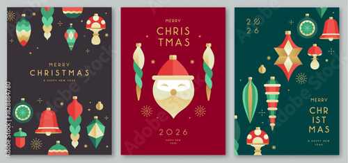 Set of Christmas holiday flat posters with tree toys, baubles, knick knacks, decorations. Christmas greeting card design. Vector illustration.