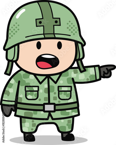 Cute cartoon army soldier character wearing camouflage uniform and helmet, shouting and pointing his finger to the side, giving clear instructions or direction for command.