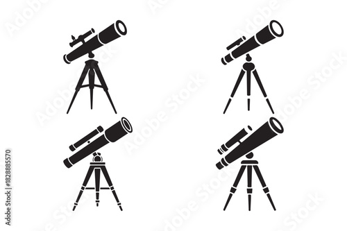 Four stylized silhouettes of telescopes on tripod mounts