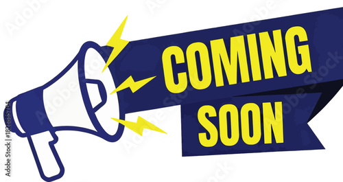 coming soon announcement with megaphone and blue ribbon banner alert message